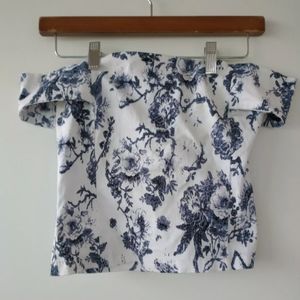 Alythea Cropped Floral Off Shoulder Top Blue White